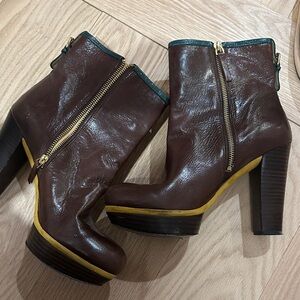 Nine West Brown Leather Heeled Boots with Yellow Trim